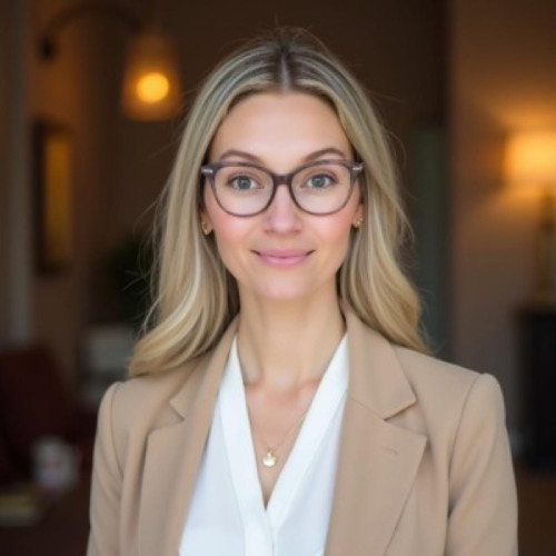 woman with long hair and glasses weating a tan blazer